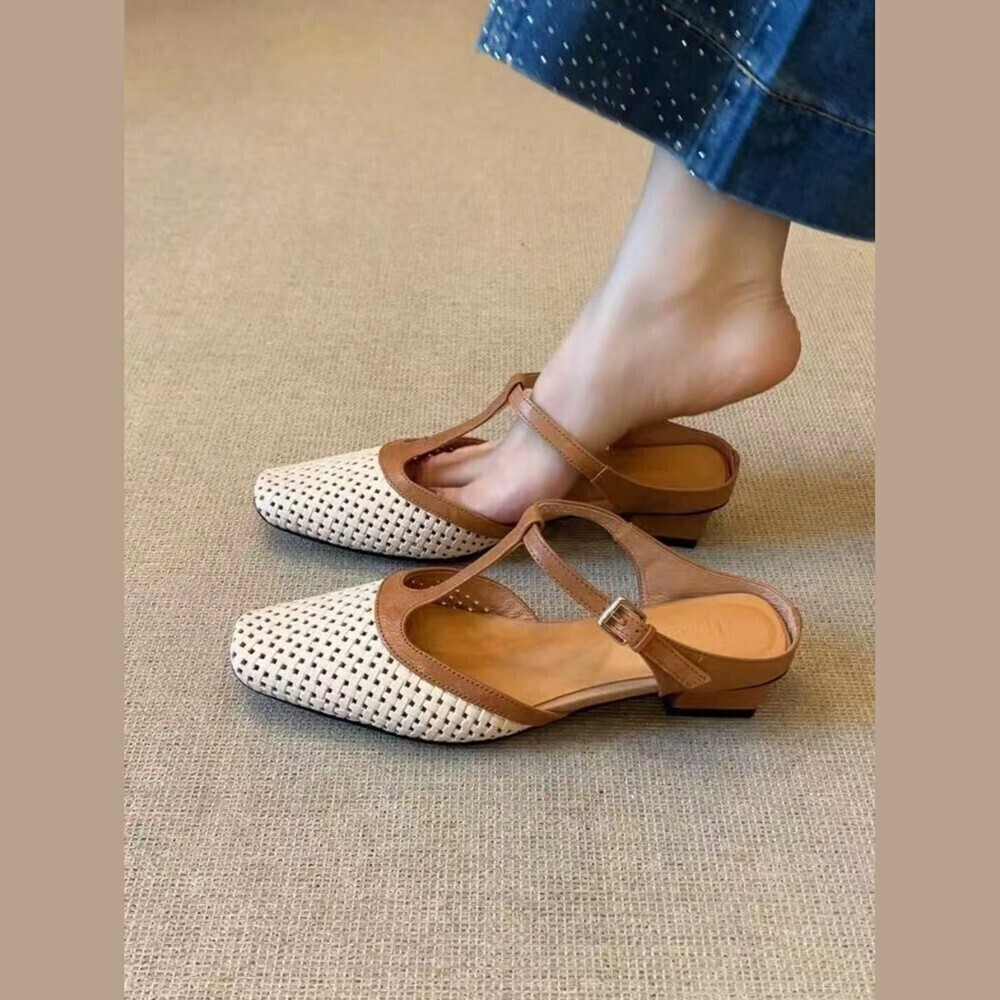 Cream Perforated Pointed Toe Ankle Strap Block Heel Vegan Leather Pumps